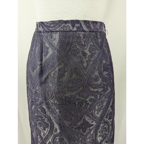 WORTH! ORNATE FLOURISH PURPLE, BLACK LACY SILVER SHIMMER PENCIL CUT SKIRT! SZ 10 - Picture 3 of 8